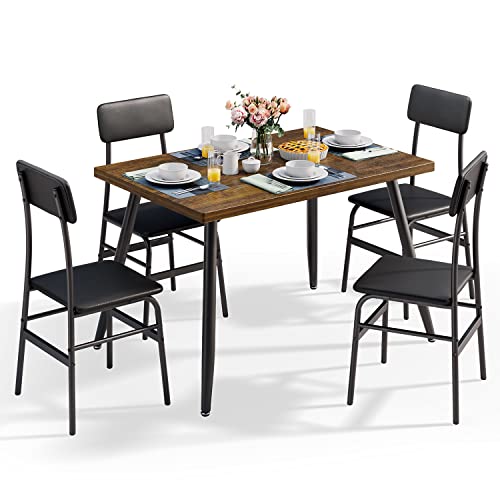 Gizoon 5 Piece Modern Metal & Wood Dining Set with Chairs, Rustic Brown, for Small Spaces
