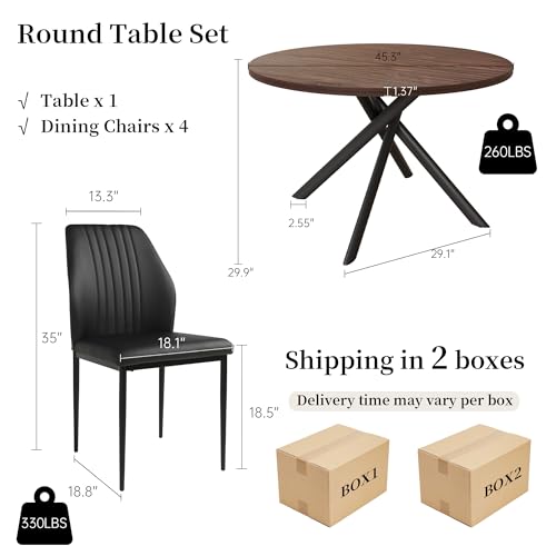 Walnut Mid Century Modern Dining Table Set with 4 Black Chairs (45.3")