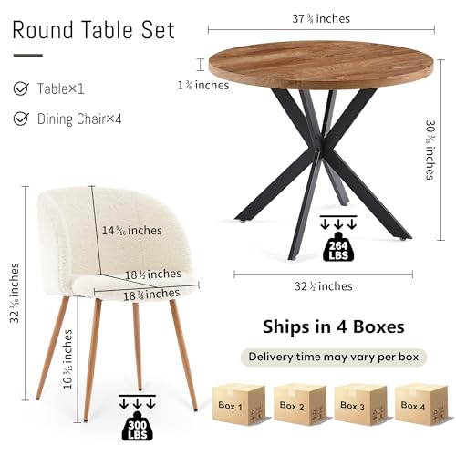 NORDICANA 5-Piece 37-Inch Round Dining Set with Upholstered Chairs for Kitchen or Living Room