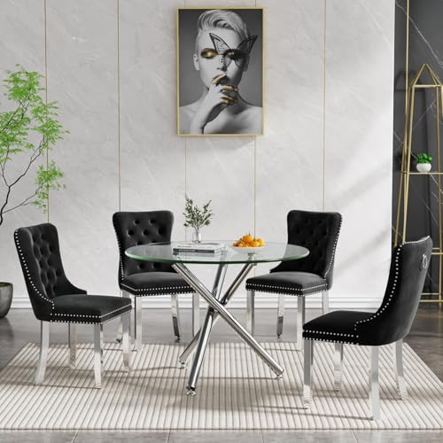 Luxury 36" Round Glass Dining Set with 4 Black Tufted Chairs, Chrome Legs, Silver Glass