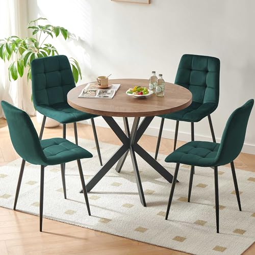 4-Person 37" Round Imitation Wood Dining Table with Dark Green Velvet Chairs