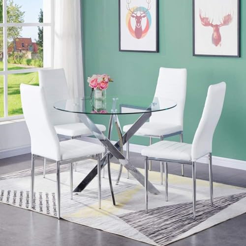 Round Tempered Glass 5-Piece Dining Set with White High-Back Chairs (Silver Table)